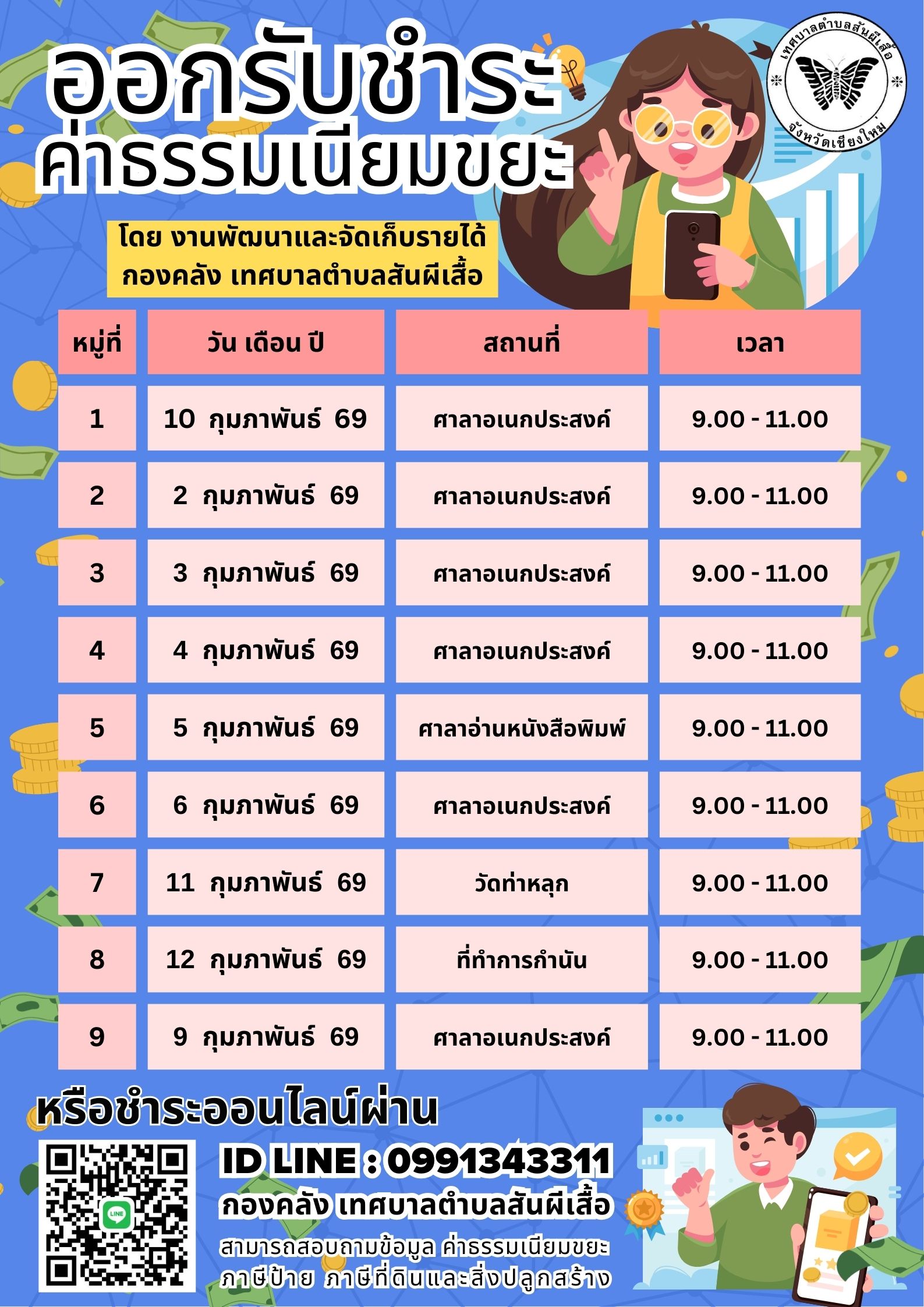 ประชาสัมพันธ์... การออกรับชำระค่าธรรมเนียมเก็บและขนมูลฝอย ประจำเดือนกุมภาพันธ์ 2569